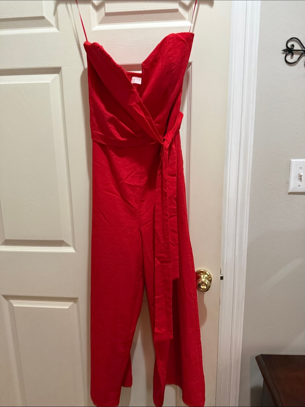Astr Red Strapless Wrap Jumpsuit with Waist Tie